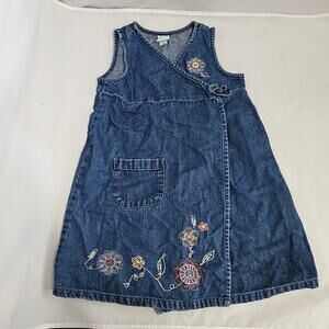 Old Navy Girl Denim Blue Jean Embroidered Dress 4T Baby Flowers Jumper